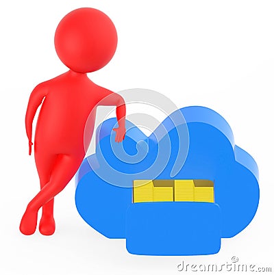 3d red character presenting a opened drawer in a cloud containing arranged stack of folders - cloud storage Stock Photo