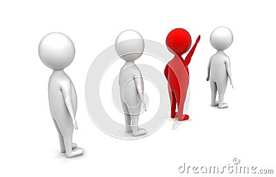 3d red coloured man raising hands up in a que concept Stock Photo