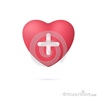 3D Red heart with white plus sign icon. Heart pulse. Single heartbeat, cardiogram. Medical healthcare concept Vector Illustration