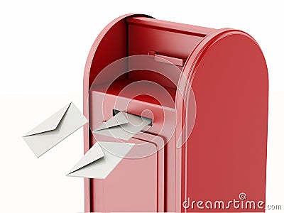 3d Red mail box with heap of letters. Cartoon Illustration