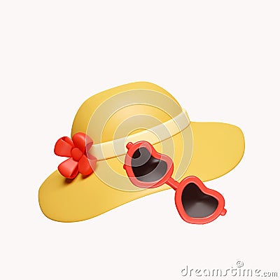 3d Red sunglasses yellow hat. vacation time. summer vacation concept. icon isolated on white background. 3d rendering Cartoon Illustration