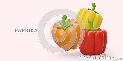 3D red, yellow, orange paprika. Ripe bell pepper. Vegetarian ingredient for summer dishes Vector Illustration