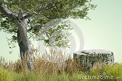 3d render Abstact stage podium background, Log tree podium on the meadow grass in forest with big tree for product display, mock Stock Photo