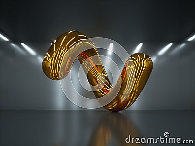 3d render, abstract geometrical shape, shiny metallic spiral, glossy yellow chrome object inside dark room with white ceiling Stock Photo