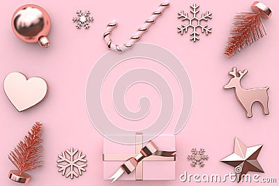 3d render abstract pink metallic glossy-rose gold ribbon gift box snow tree decoration Stock Photo