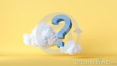 3d render, abstract yellow background with white clouds and blue question mark. Problem concept. Modern minimal scene Stock Photo