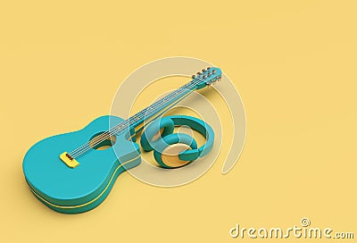 3D Render Acoustic Guitar with Music headphone 3d illustration Design Cartoon Illustration