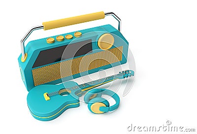 3D Render Acoustic Guitar Music headphone with old vintage retro style radio 3d illustration Design Cartoon Illustration