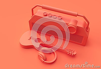 3D Render Acoustic Guitar Music headphone with old vintage retro style radio 3d illustration Design Cartoon Illustration