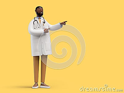 3d render. African cartoon character doctor gives recommendation. Medical clip art isolated on yellow background. Professional Stock Photo