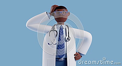 3d render, african cartoon character male doctor confused. Man with dark skin touches head and looks at camera. Thinking and Stock Photo