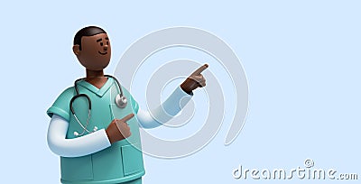 3d render. African young man, cartoon character nurse with dark skin wears mint green shirt, shows right direction with fingers. Stock Photo