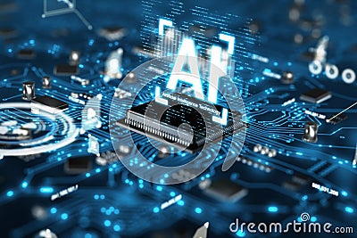 3D render AI artificial intelligence technology CPU central processor unit chipset on the printed circuit board for electronic and Stock Photo