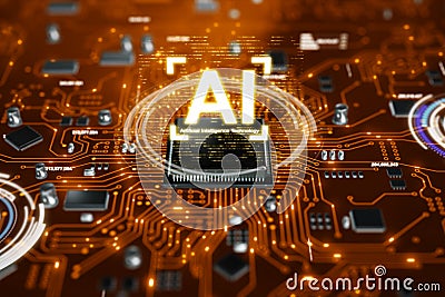 3D render AI artificial intelligence technology CPU central processor unit chipset on the printed circuit board for electronic and Stock Photo