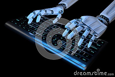 3d render Ai learning concept Robot hands typing on keyboard, keypad. Robotic arm cyborg using computer. Realistic illustration Cartoon Illustration