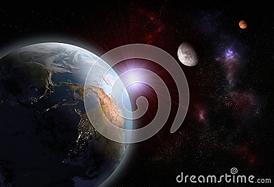 Alignment of The Earth, The Moon and Mars Stock Photo