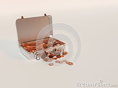 3D render - aluminum case with bitcoin coins on a white background Stock Photo