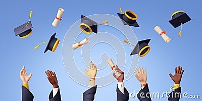 3d render alumni hands throw graduation cap in air Stock Photo