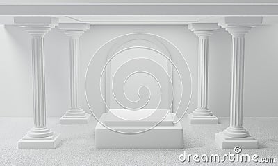 3d render of antique white column display podium pedestal or square stage for product, art museum. Blank classic roman pillars and Stock Photo
