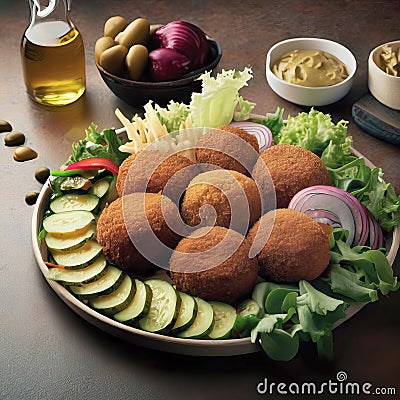 3D Render of Arabic Cusine Breakfast Meal, Falafel Stock Photo