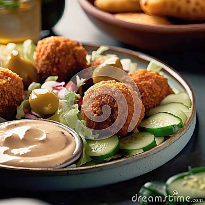 3D Render of Arabic Cusine Breakfast Meal, Falafel Stock Photo