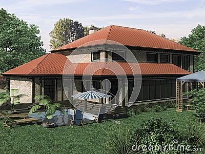 3d render of an architectural project of a country house in the forest. Country house with a red roof Stock Photo