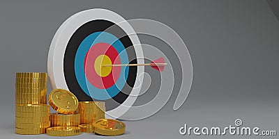 3D render Arrow hit the center of the target on a dartboard and pile of gold coins on gray background. Minimal target with arrows Stock Photo
