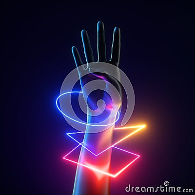 3d render artificial female hand with colorful neon light geometric bracelets. Human mannequin body part isolated on black Stock Photo