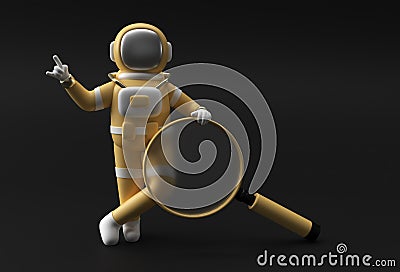 3D Render Astronaut Holding Magnify Glass on a Black Background Stock Photo