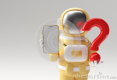 3d Render Astronaut Holding Question Mark with Blank Mobile Mockup 3d illustration Design Cartoon Illustration