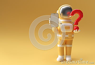 3d Render Astronaut Holding Question Mark with Blank Mobile Mockup 3d illustration Design Cartoon Illustration