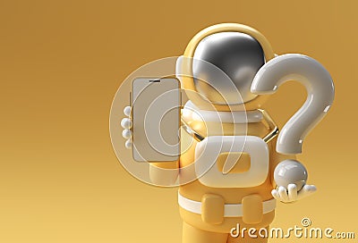 3d Render Astronaut Holding Question Mark with Blank Mobile Mockup 3d illustration Design Cartoon Illustration