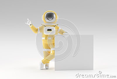 3D Render Astronaut Holding a white banner on a White Background Stock Photo