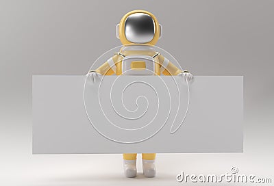 3D Render Astronaut Holding a white banner on a White Background Stock Photo