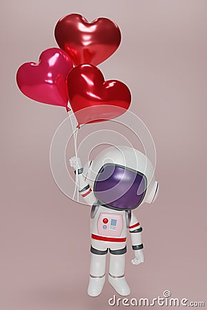 3D render An astronaut holds several heart-shaped balloons. Cartoon character astronaut floating in space with red tiny hearts. 3d Cartoon Illustration