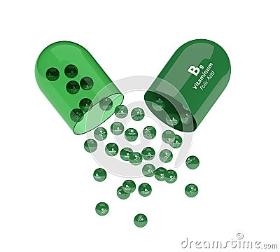 3d render of B9 folic acid pill with granules Stock Photo