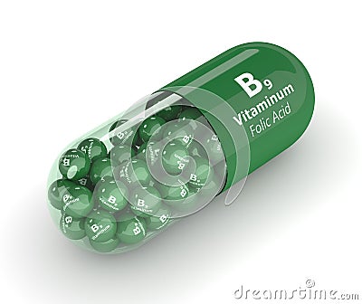 3d render of B9 folic acid pill with granules Stock Photo