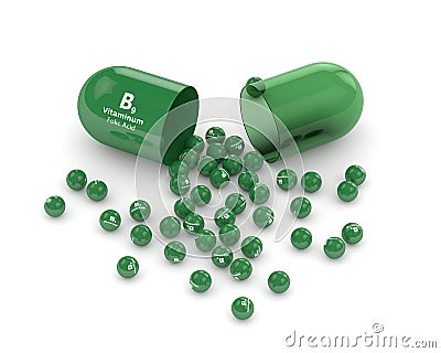 3d render of B9 folic acid pill with granules Stock Photo