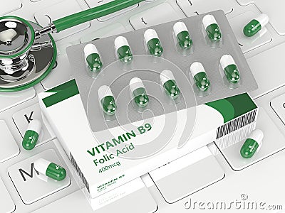 3d render of B9 folic acid pills lying on keyboard Stock Photo