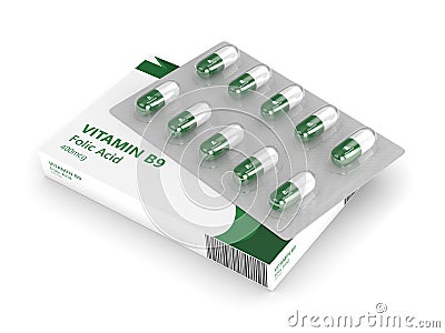 3d render of B9 folic acid pills ob blister Stock Photo