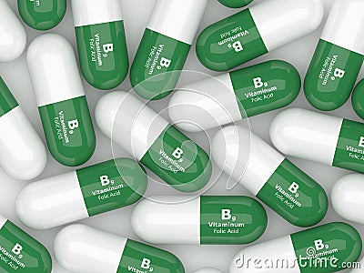 3d render of B9 folic acid pills over white Stock Photo