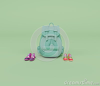 3d render of backpack and two pair of colorful shoes isolated on Pastel background, 3d background minimal scene Stock Photo