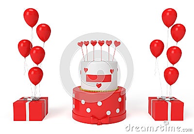 3D Render Balloon with gift boxs and Cake Stock Photo