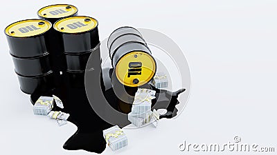 Barrels of oil, black oil barrels with pack of dollars Stock Photo