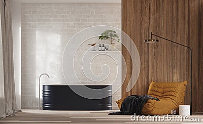 3d Render bathroom with white brick wall and blue bathtub Stock Photo