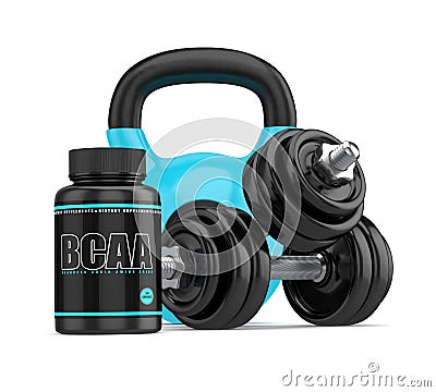 3d render of BCAA bottle with dumbbells and kettlebell Stock Photo