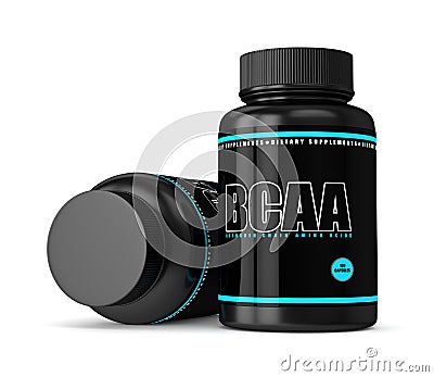 3d render of BCAA bottles with pills over white Stock Photo