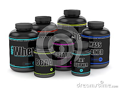 3d render of BCAA, whey, fat burner, creatine and mass gainer Stock Photo