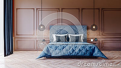 Bedroom design with hanging lamps Stock Photo