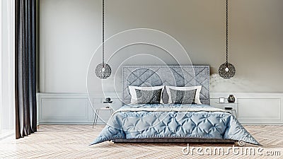 Bedroom design with hanging lamps Stock Photo